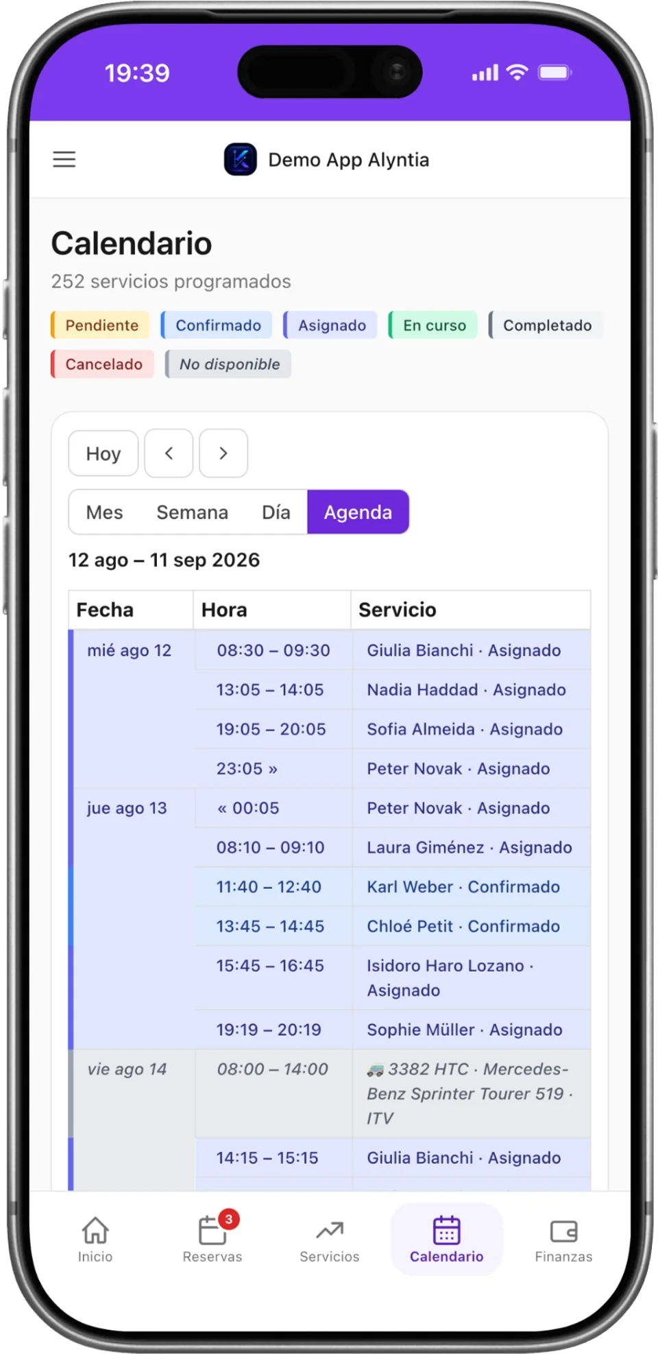 La agenda del día en la app móvil de Kordina