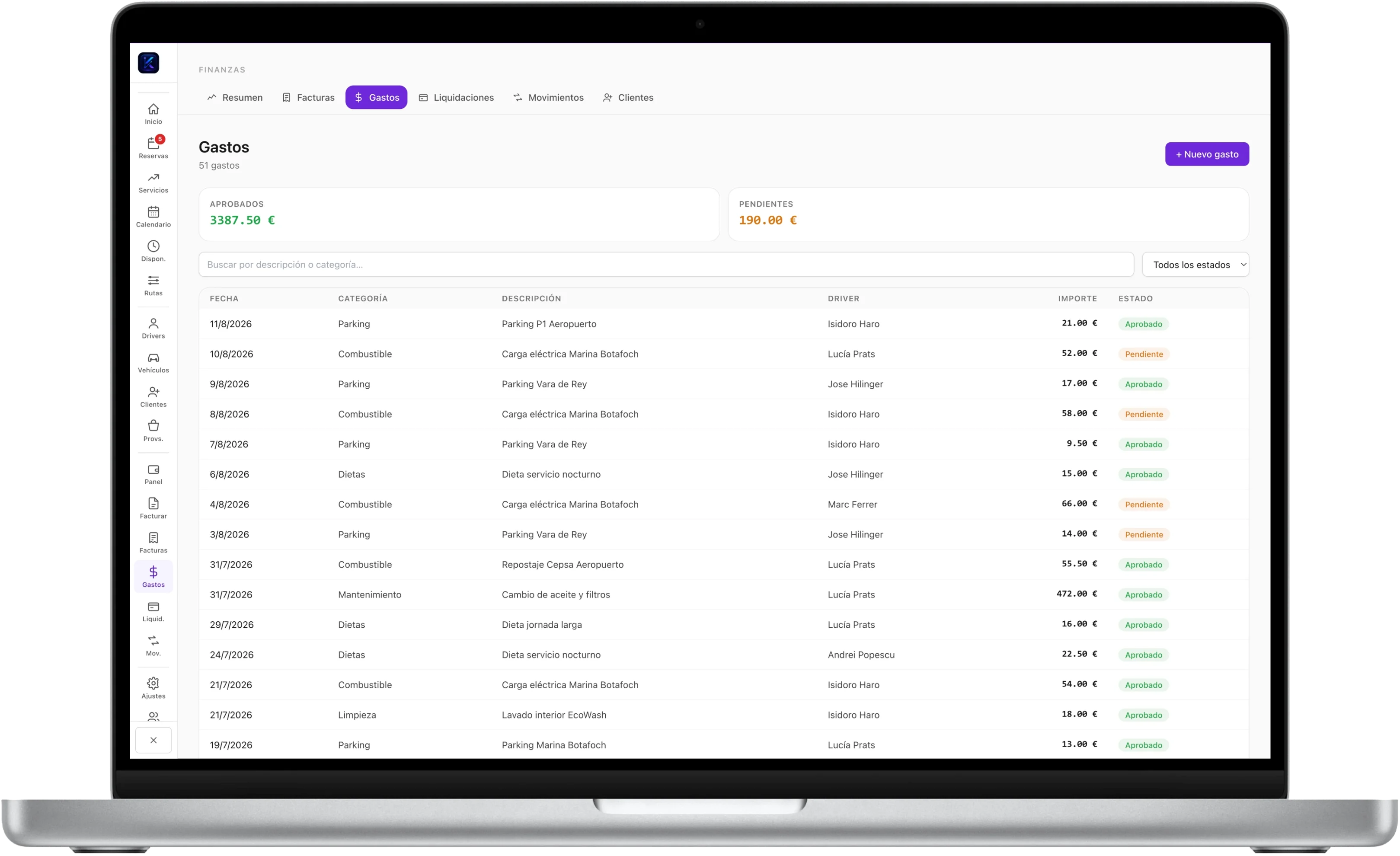 Listado de gastos del panel Kordina en un MacBook, con KPIs de aprobado y pendiente y categorías