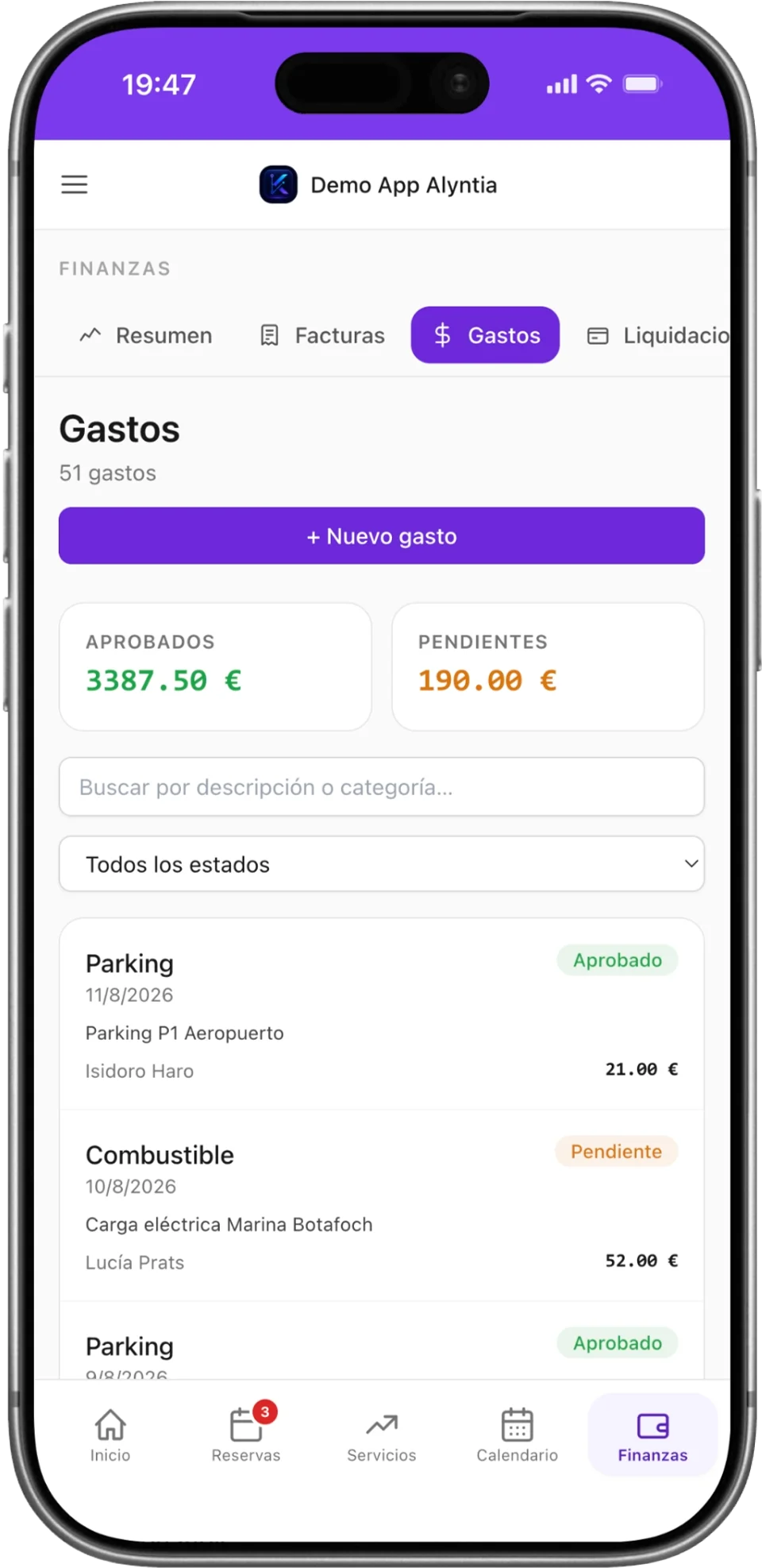 Registro de gastos en la app móvil de Kordina