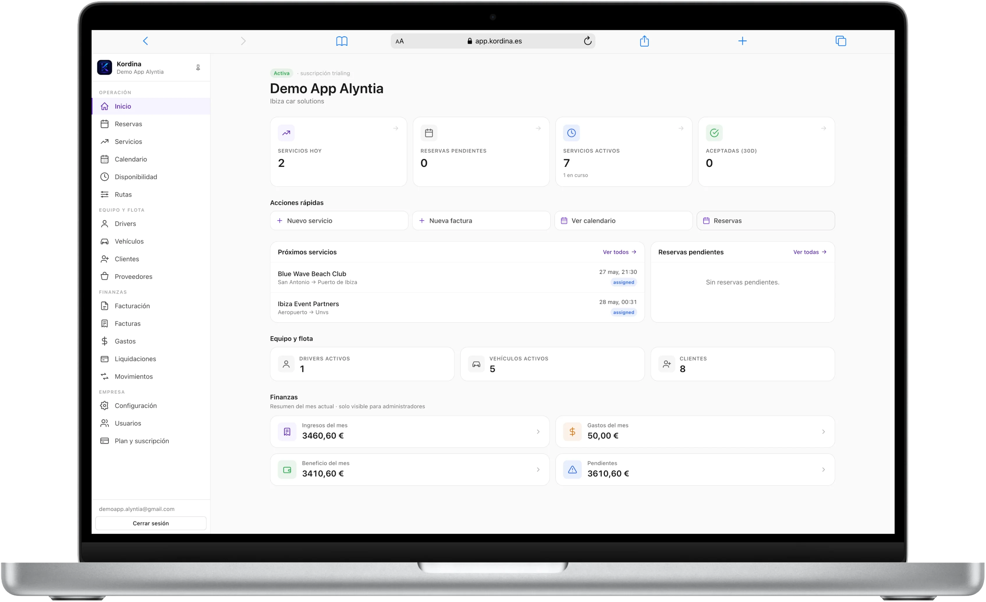 Pantalla de inicio del panel Kordina en un MacBook Pro, mostrando KPIs del día, acciones rápidas, próximos servicios y resumen financiero