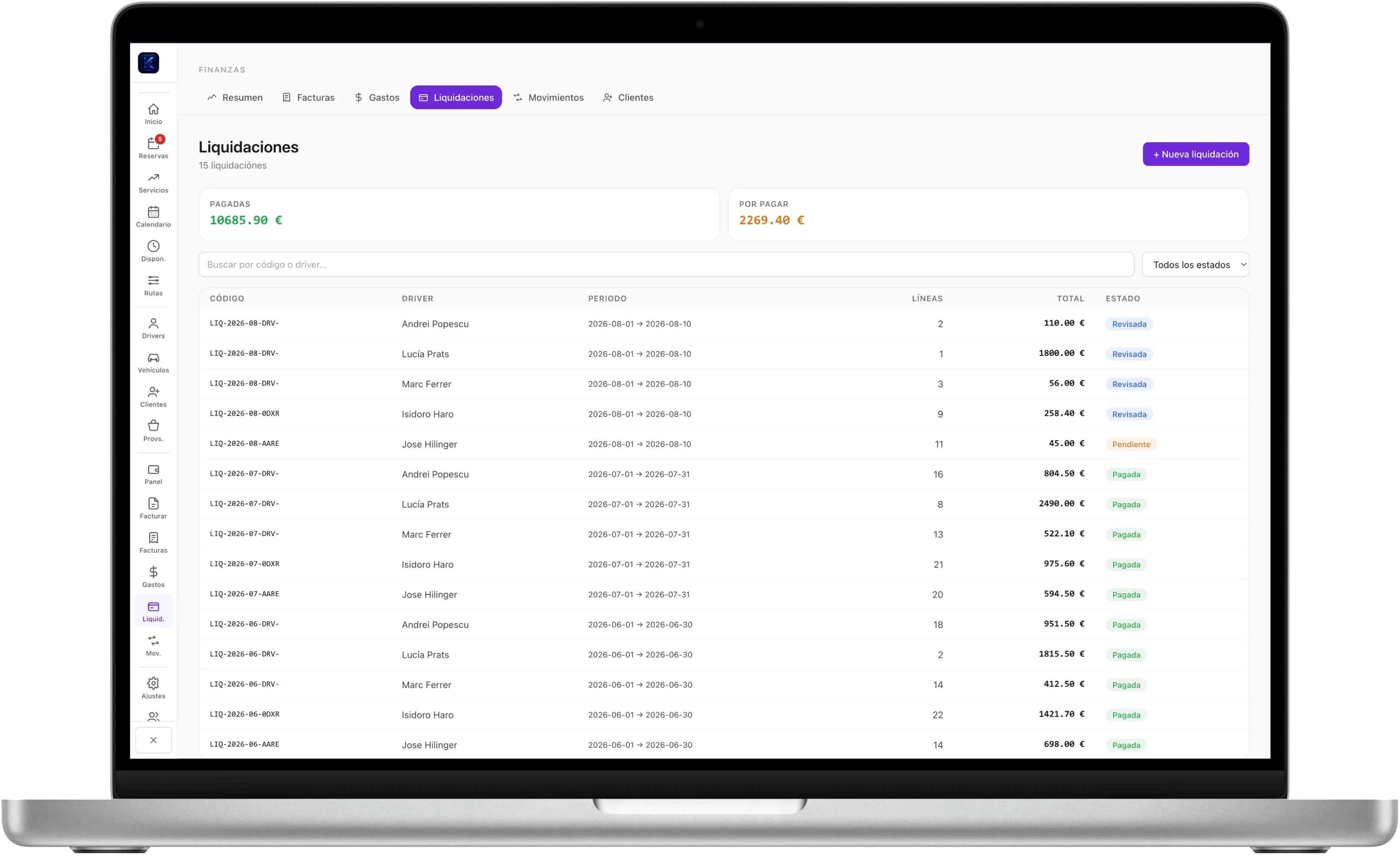 Listado de liquidaciones del panel Kordina en un MacBook, por driver y periodo con total y estado