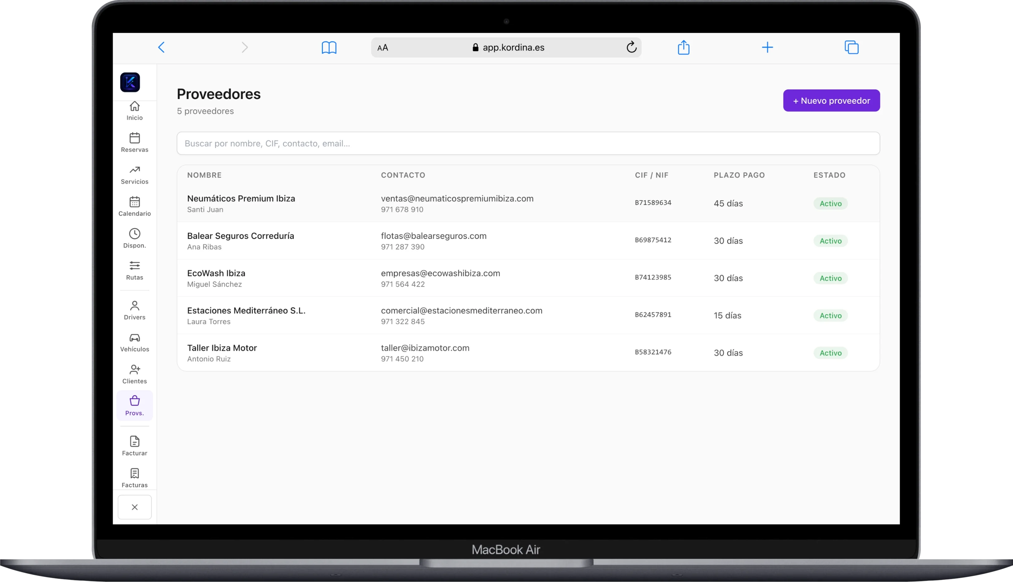 Listado de proveedores del panel Kordina en MacBook, con CIF/NIF y plazos de pago