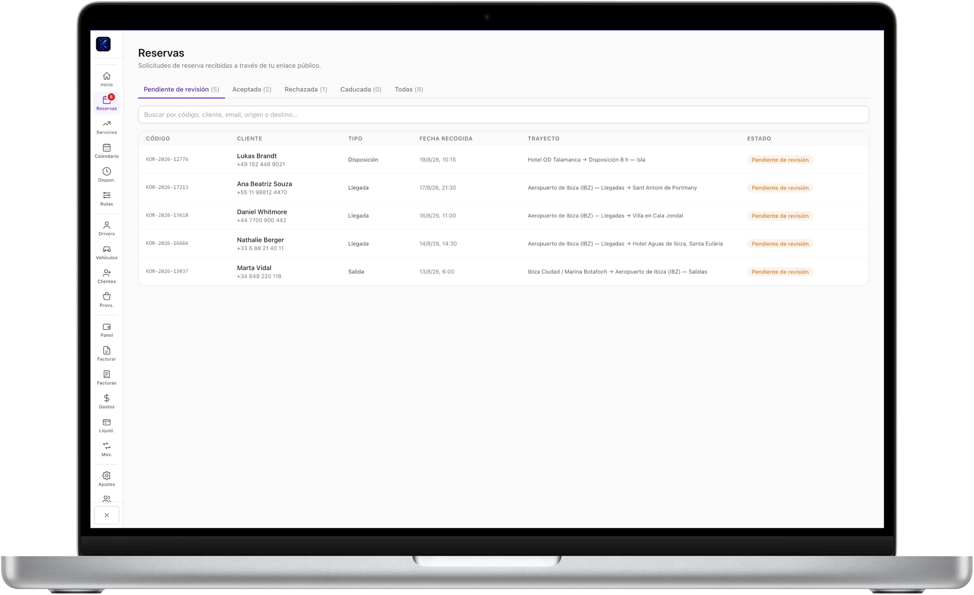 Bandeja de reservas del panel Kordina en un MacBook, con solicitudes pendientes, aceptadas y rechazadas
